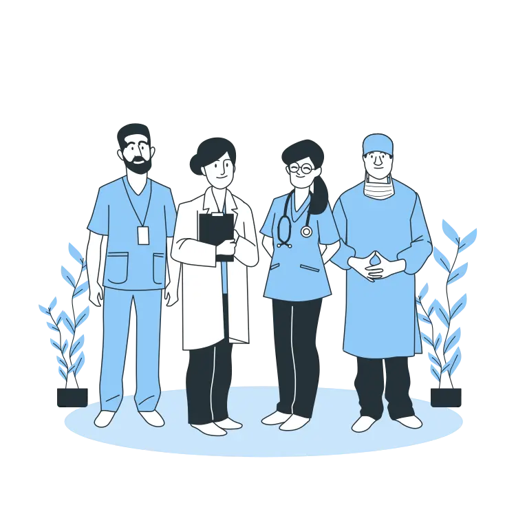 Desenho de quatro médicos